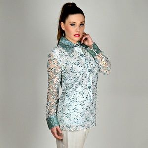 Vintage Blue Beaded Lace Cocktail Blouse